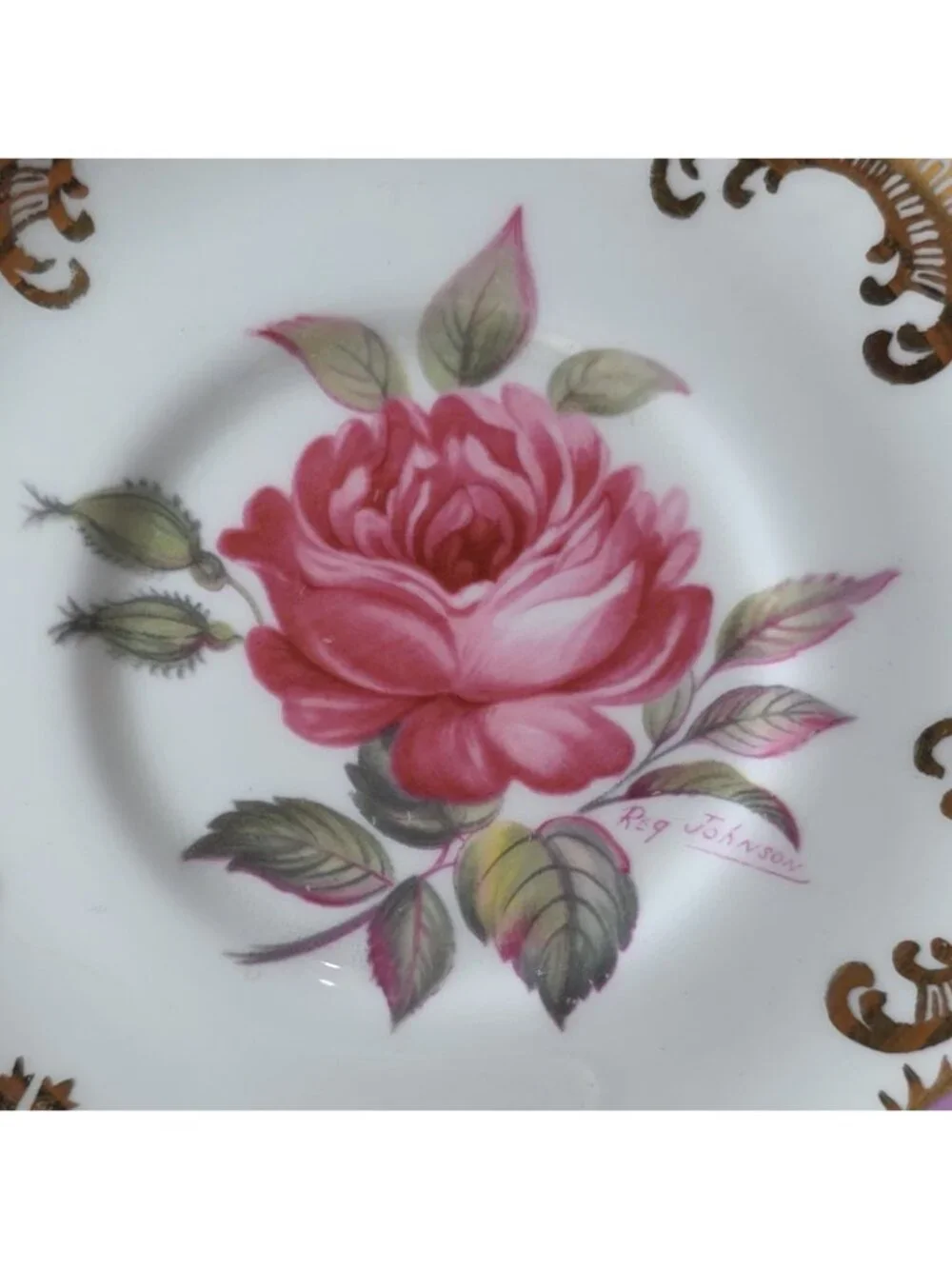 Paragon England Antique Rose Tea Cup & Saucer Signed Reg Johnson Gold Fushia